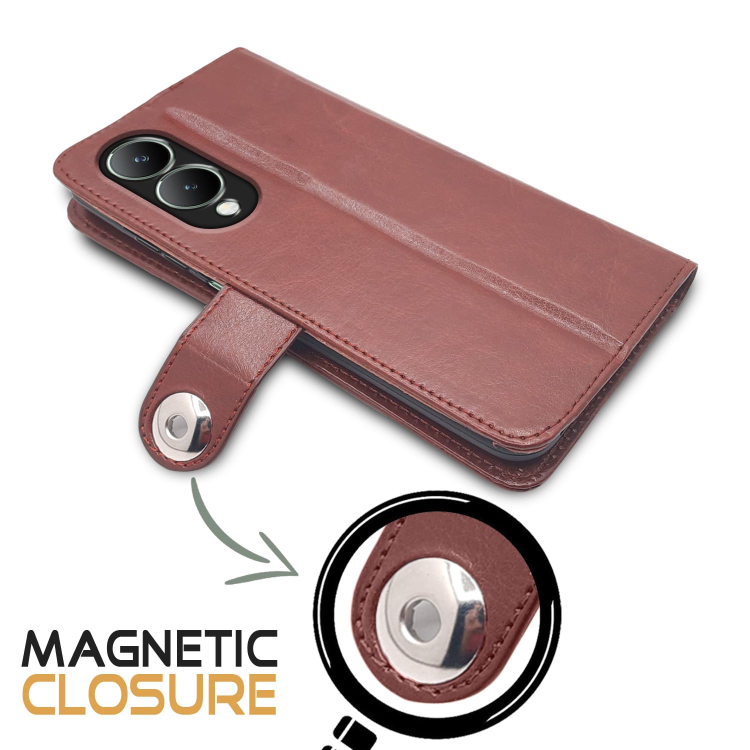 Vintage Leather Flip Cover for Vivo Y17s – Brown Wallet Case with Kickstand