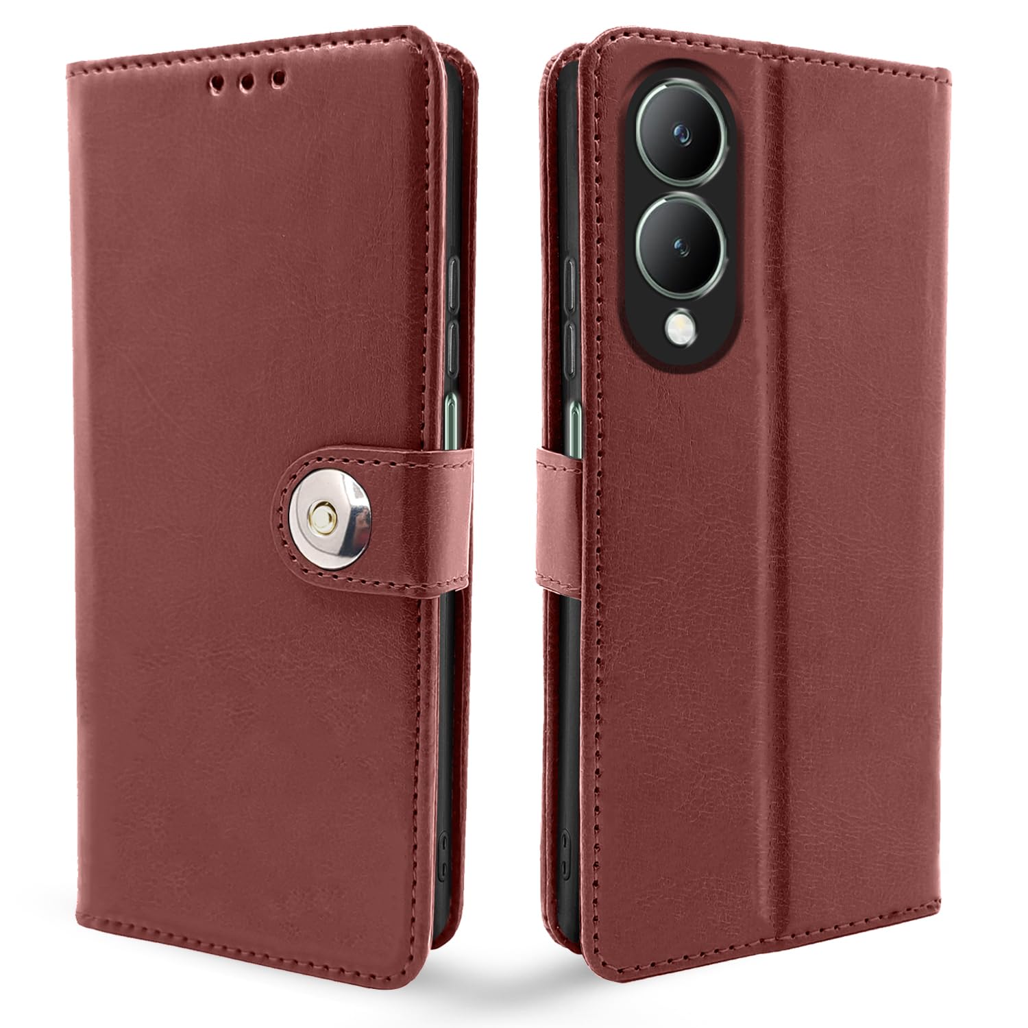 Vintage Leather Flip Cover for Vivo Y17s – Brown Wallet Case with Kickstand