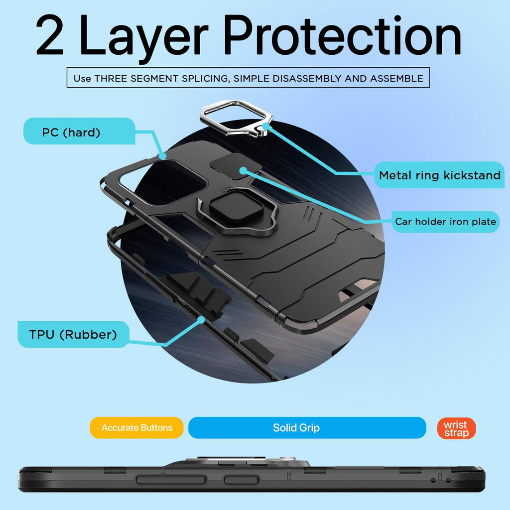 D5 Tough Armor Back Cover with Ring Holder Kickstand for Redmi 12C