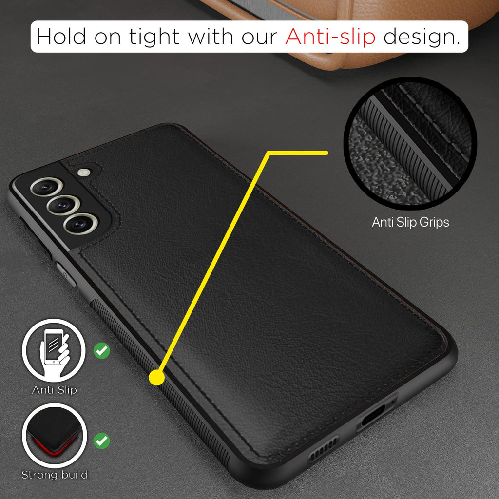 Samsung Galaxy S22 Premium Leather Back Cover (Black) – Soft Silicone Inner Case