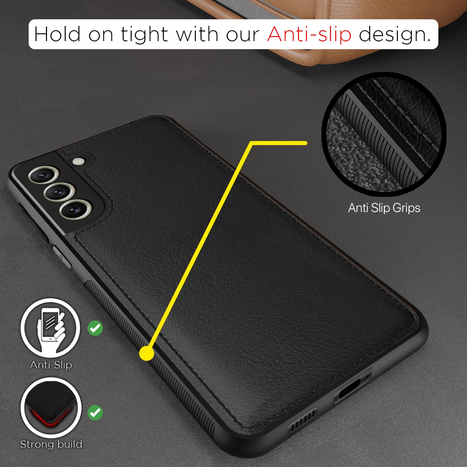 Samsung Galaxy S22 Premium Leather Back Cover (Black) – Soft Silicone Inner Case