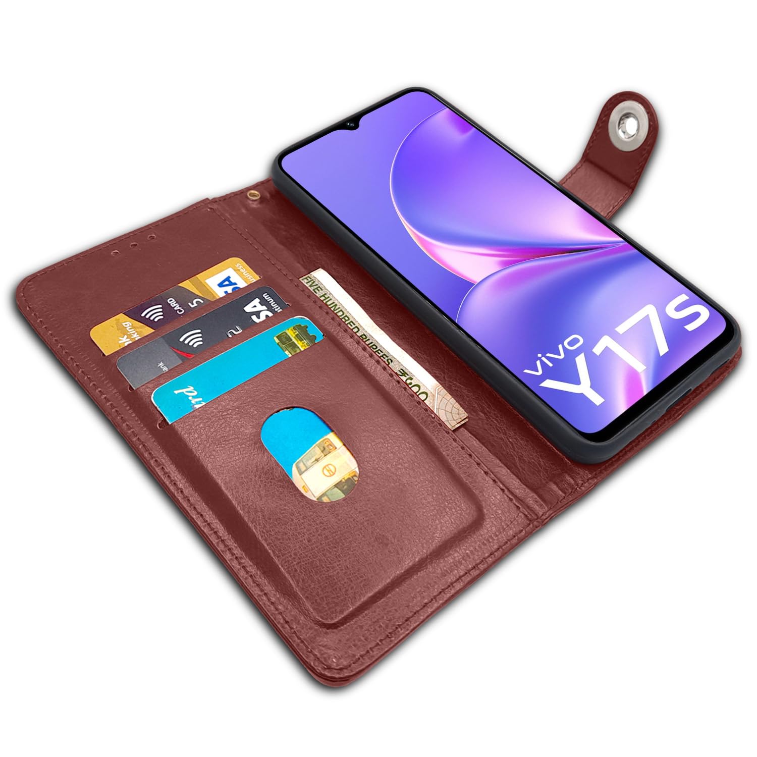 Vintage Leather Flip Cover for Vivo Y17s – Brown Wallet Case with Kickstand